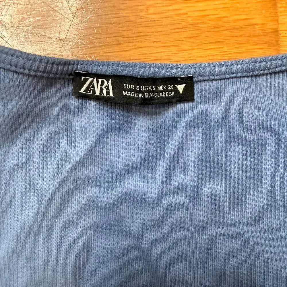 Zara Blue Ribbed Ruched Drawstring Front Crop Top - Picture 4 of 5